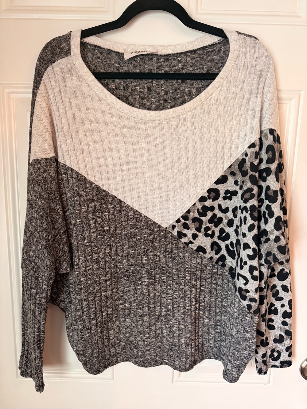 Leopard Panel Scoop Neck Sweater - Gray/Cream